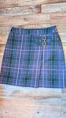Aventura Plaid Tartan Kilt Skirt Purple Teal Wrap Mini Buckle Pleated Size 4